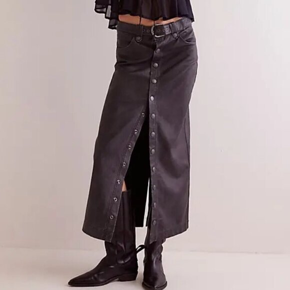 #156 NWT Free People Astoria Vegan Maxi Skirt in Charcoal - Picture 2 of 9